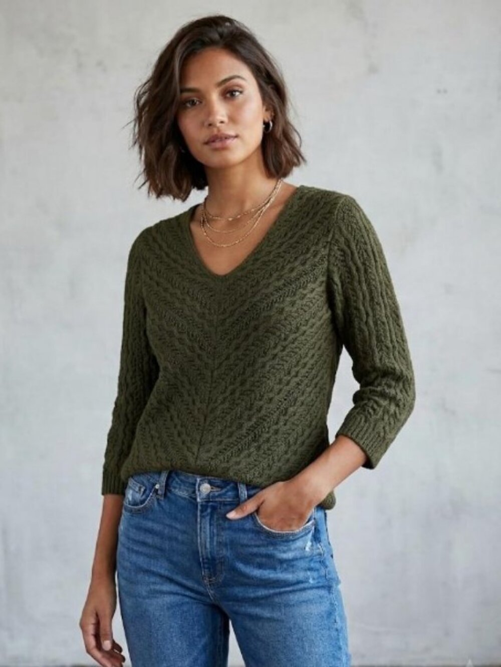 Jones New York Olive V-Neck Textured Cable 100% Cotton Knit Sweater Womens L